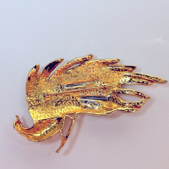 Large Vintage Gold-Plated Peacock Brooch Pin with Rhinestone-Encrusted Tail Pave - Picture 5 of 8